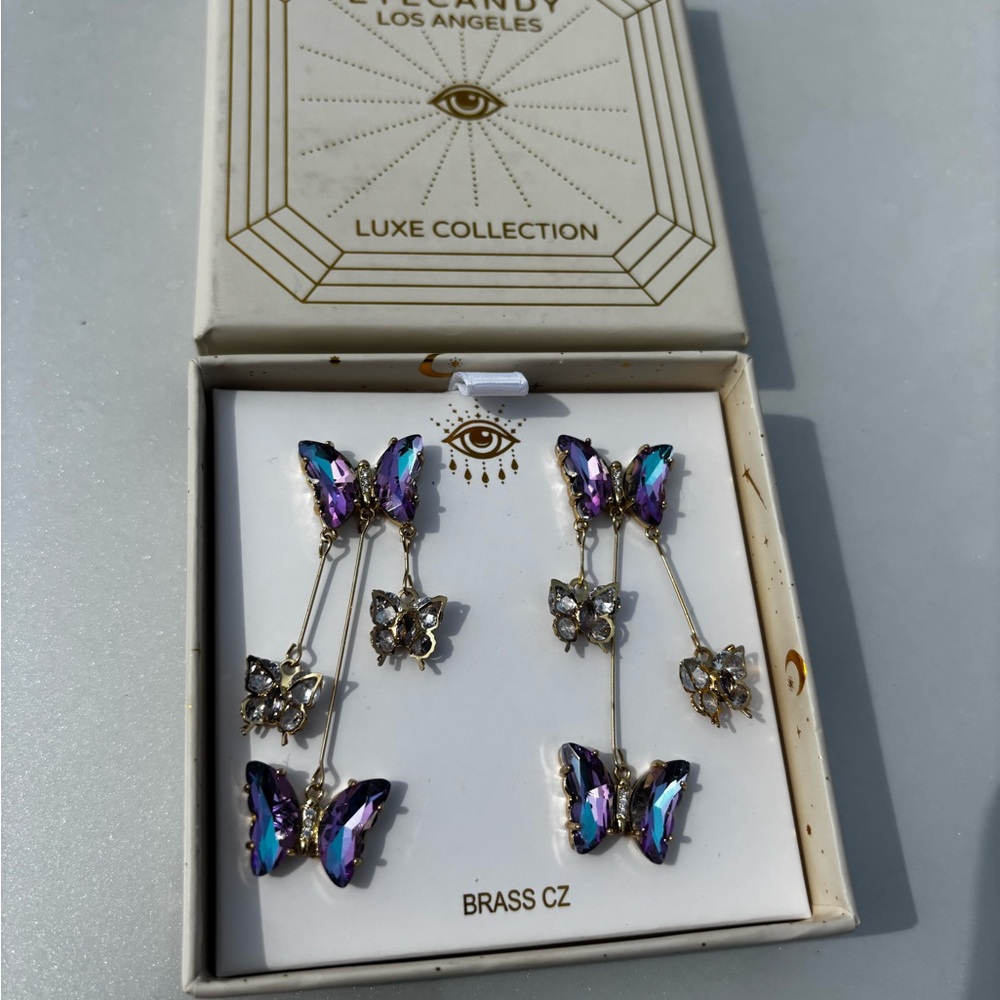 NWT! Purple Butterfly Rhinestone Crystal Long Dangle Earrings